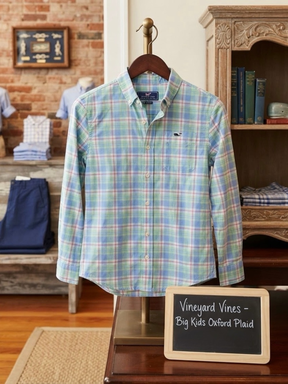 NWT Vineyard Vines Atlantic Coast Whale Shirt Plaid Boys Size M 12-14 Sea Kelp